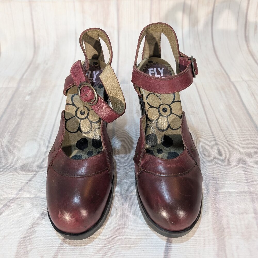Fly London Red Maroon Leather Heeled Mary Jane Sandals Size 37